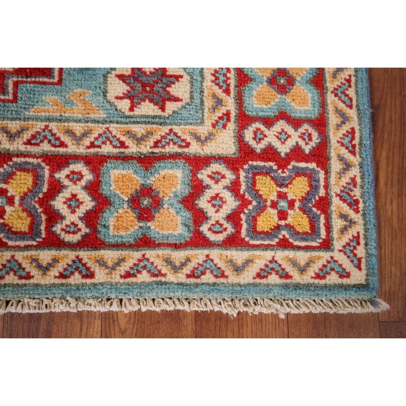 Geometric Blue Kazak Oriental Accent Rug Hand-Knotted Wool Carpet - 2'8" x 3'10"