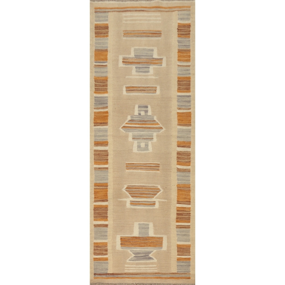 Hand Woven Oriental 100% Wool Carpet Southwestern Tribal Brown Kilim Runner Rug - 5' 9'' X 2' 0''