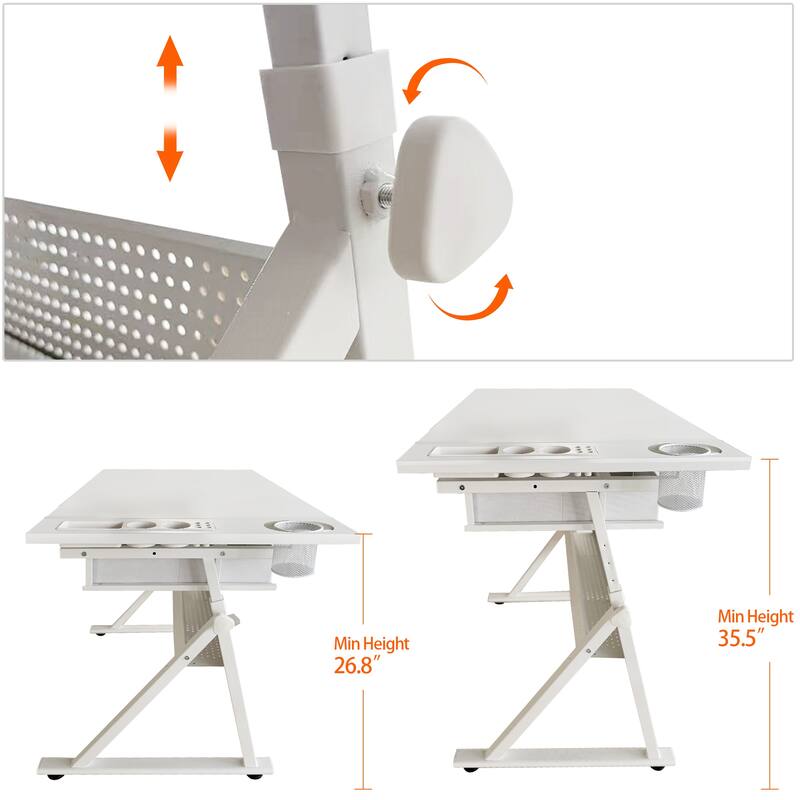 Adjustable drawing drafting table desk with 2 drawers for home office and school with stool (all white)