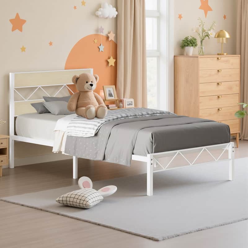 VECELO Vintage Metal Platform Bed Frame with Wood Headboard, Storage Bed, Noise-Free, No Box Spring Needed, Twin/Full/Queen Size