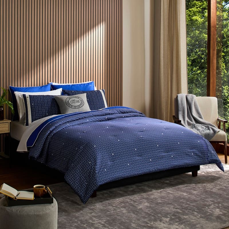 Lacoste Heritage Geo Percale Cotton 3-Piece Comforter Set - Queen - Navy