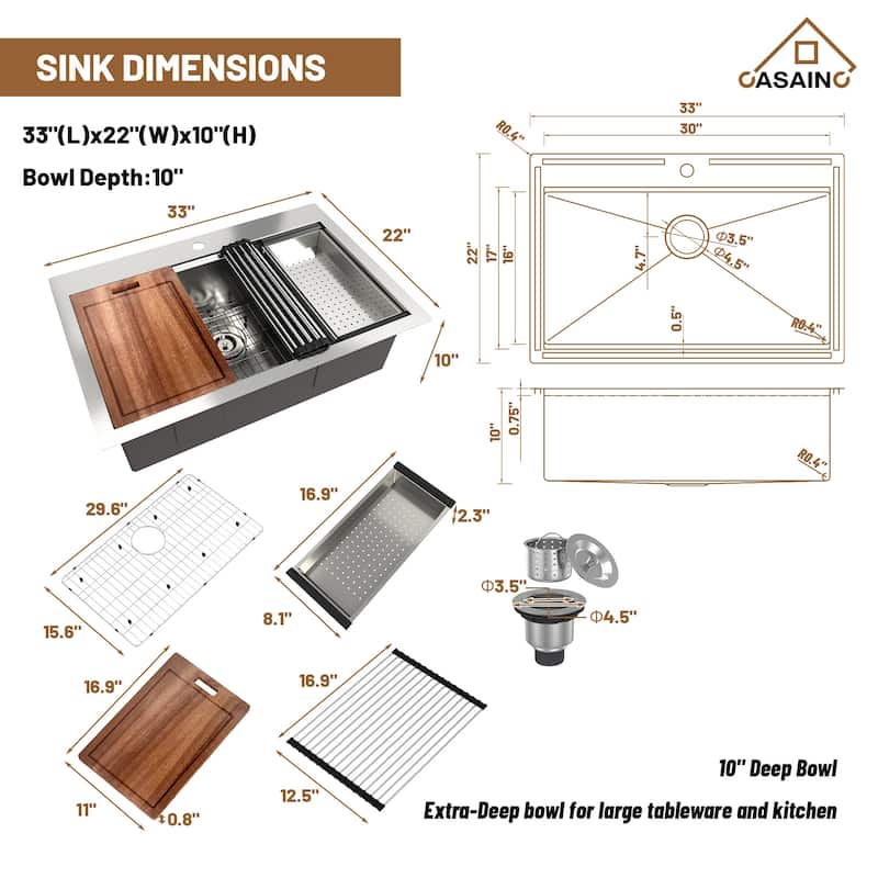 33 in. Drop-In Single Bowl 18 Gauge Brushed Stainless Steel Workstation Topmount Kitchen Sink with Sliding-Accessories