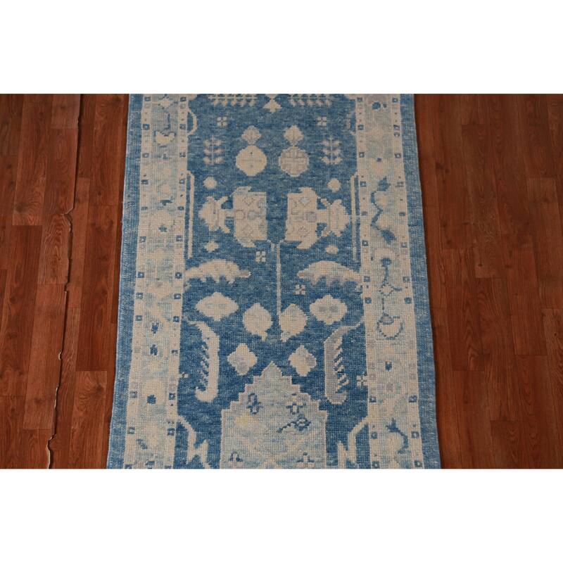 Hand Knotted Oriental 100% Wool Carpet Transitional Geometric Navy Blue & Blues Oushak Runner Rug - 15' 2'' X 2' 10''