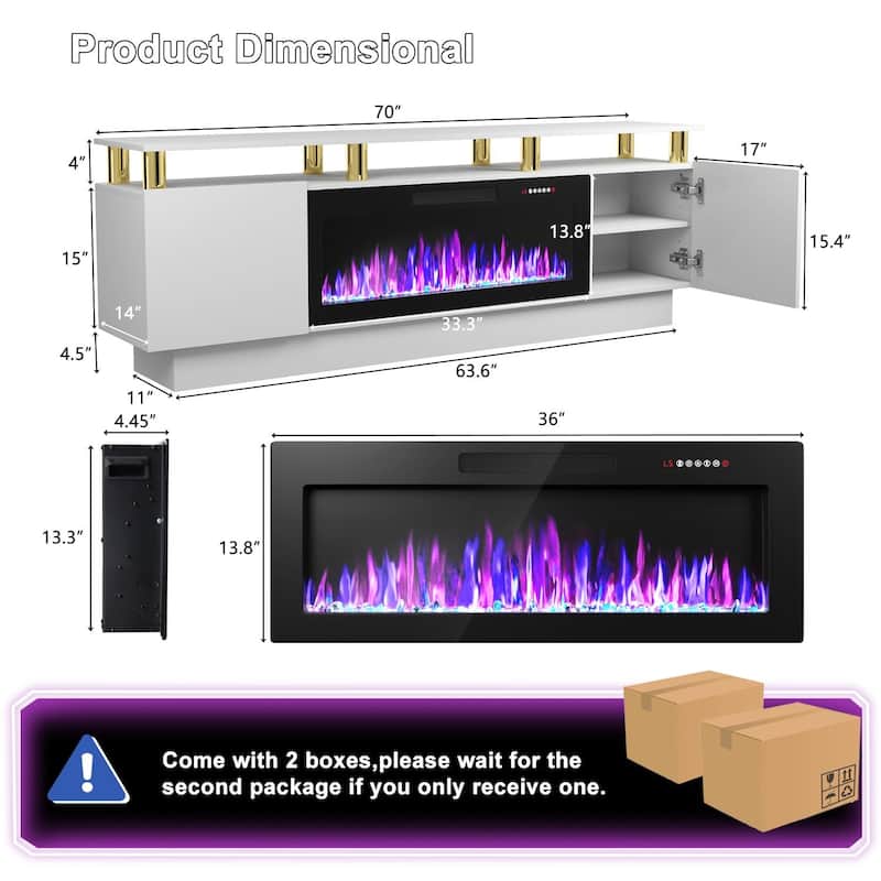 BOSSIN 70" Modern Electric Fireplace TV Stand, with Electronic Flame and LED Lights, High Gloss Finish Entertainment Center
