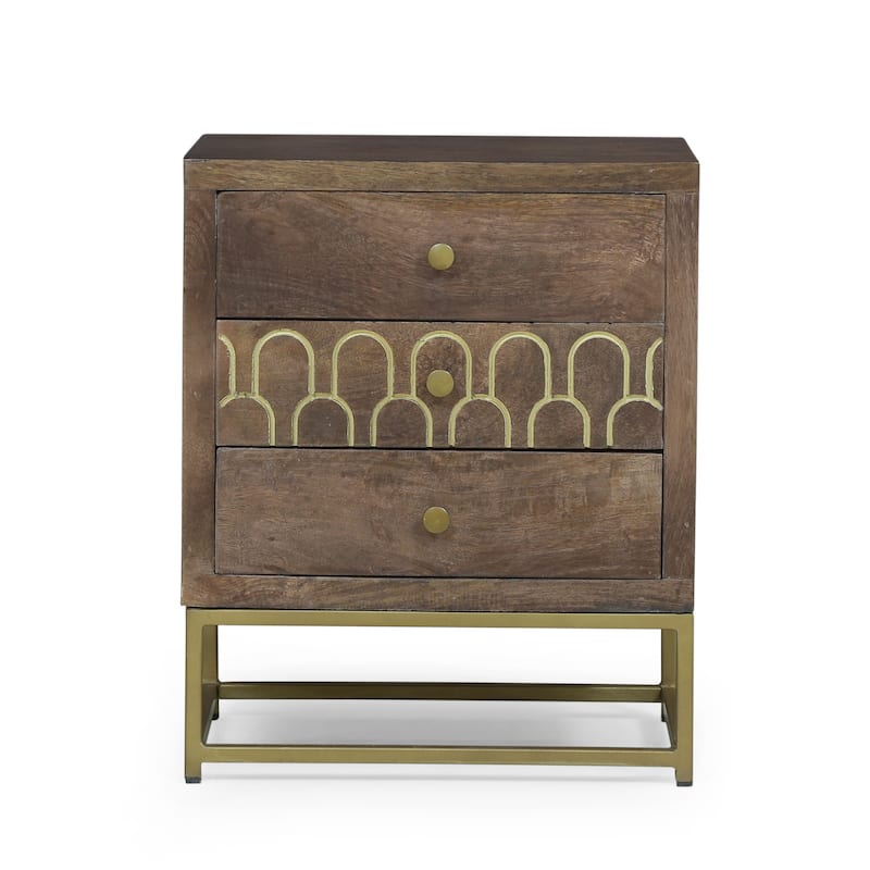 Contemporary Mango Wood Nightstand, Mid-Century Modern Design, Gold Accents, Durable Iron Frame, 3 Drawers
