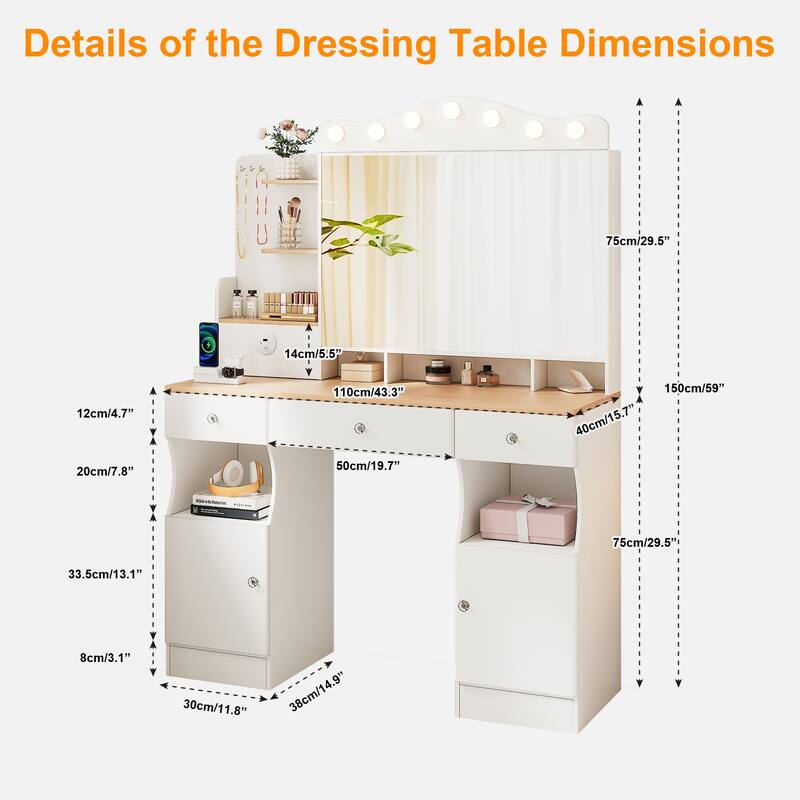Makeup Vanity Desk with Tri-Fold LED Mirror, USB Power Strip, 3 Drawers and 2 Cabinets for Bedroom