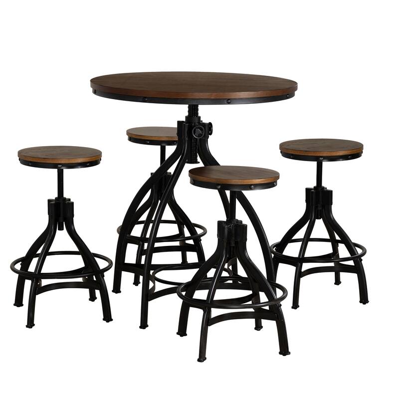 Linon Caverly Steel/Wood Industrial 5-Piece Adjustable Round Bar Stool Set