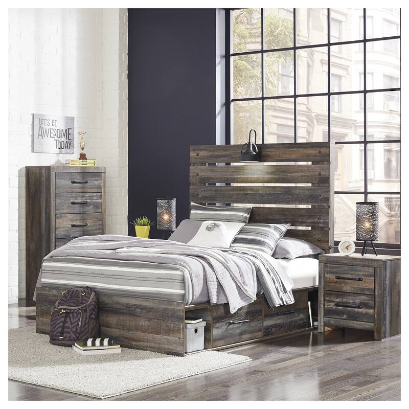 Drystan Rustic Brown Panel Bed with 2 Under Bed Storage Drawers