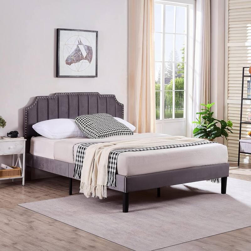 VECELO Upholstered Bed Frame with Nailhead Trim Adjustable Height Headboard, Twin/Full/Queen Size Bedframes