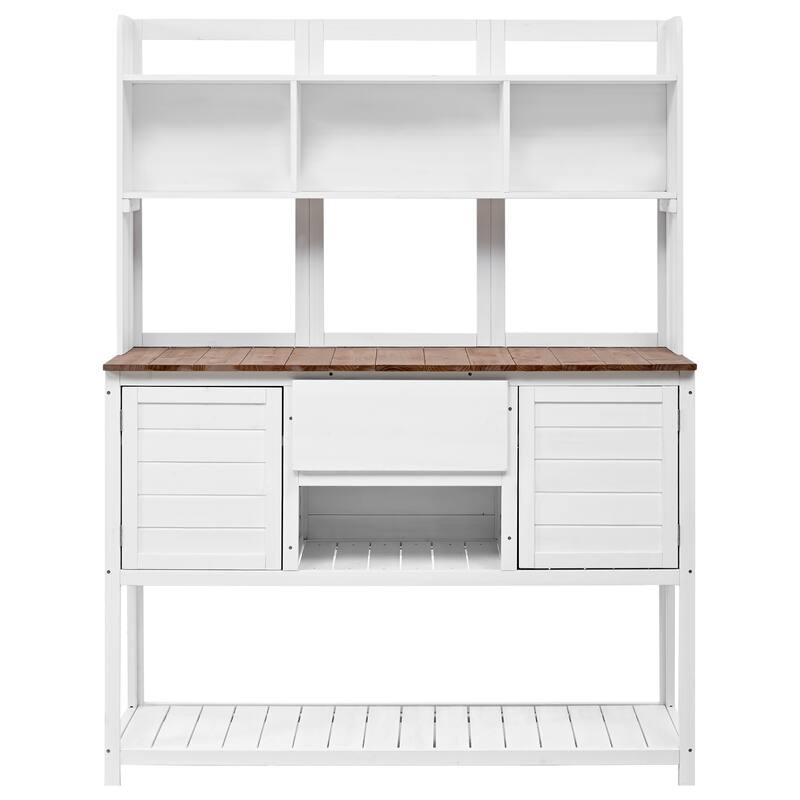 Solid Fir Wood Potting Bench Garden Workstation with Hutch, Drawer & Adjustable Shelves, Outdoor Garden Work Table