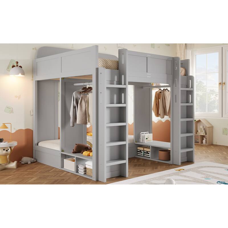 Roomfitters Triple Bunk Bed with Twin, Twin and Twin XL Beds, Storage Shelves and Hooks
