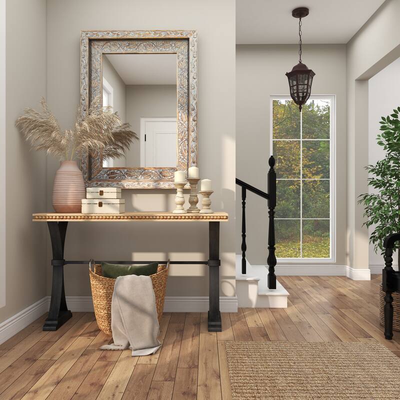 Gray Wood Handmade Intricately Carved Floral Room Wall Mirror