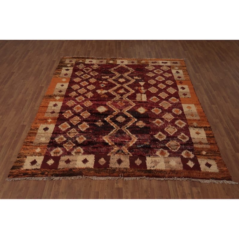 Hand Knotted Oriental 100% Wool Carpet Modern Tribal Red Moroccan Area Rug - 9' 10'' X 8' 2''