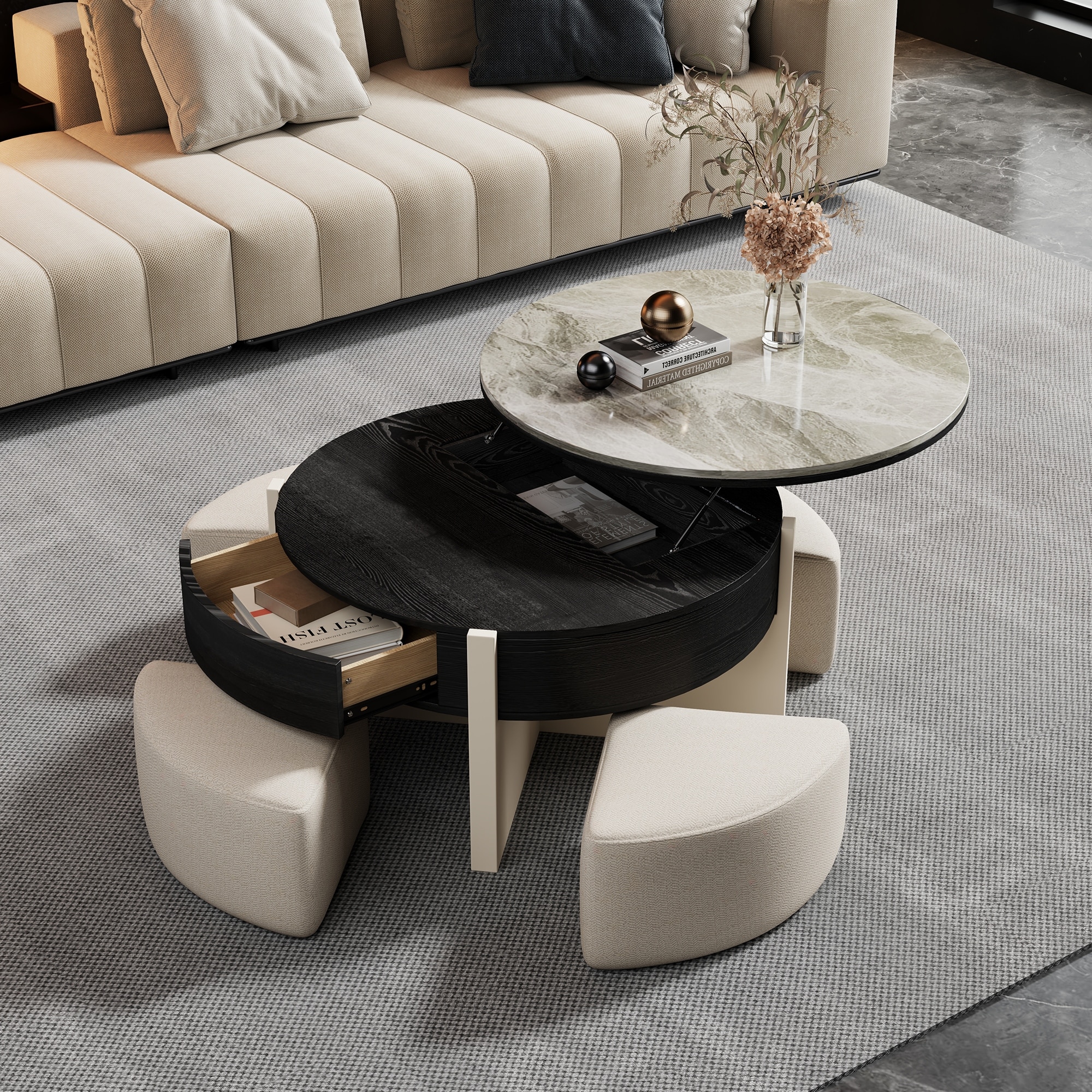 31.5" Lift Top Coffee Table with 4 Ottomans, Height Adjustable Hidden Storage Coffee Table, Black Modern Living Room Table