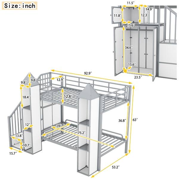 Twin over Twin Castle-Shaped Bunk Bed with Wardrobe & Multiple Storage, Sturdy Metal Bunk Bed w/Guardrails&Staircase, Grey+White