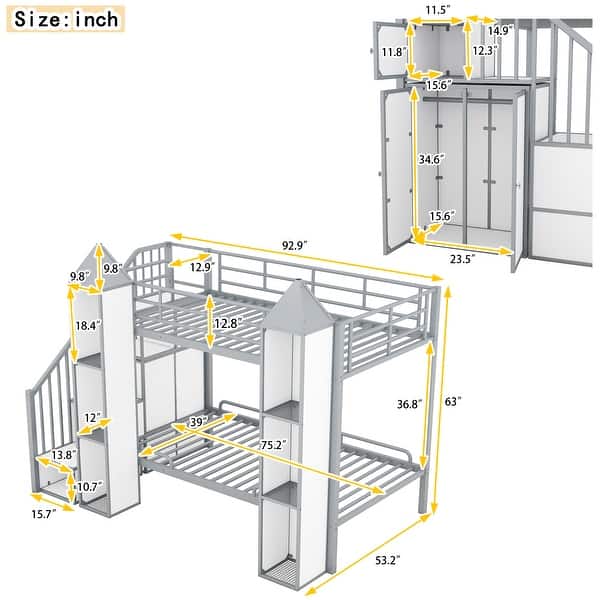 White+Gray Twin Size Metal Castle-shaped Bunk Bed with Wardrobe, Storage Staircase, and Open Cabinets