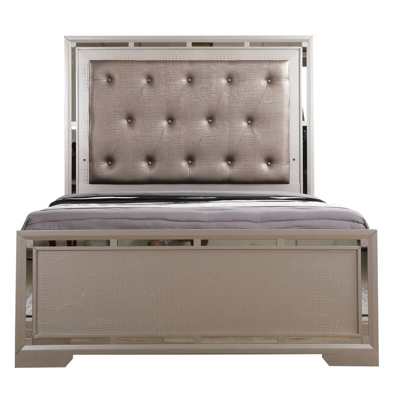 Tufted Croc Panel Full Bed with Mirror - 80" - Silver Champagne