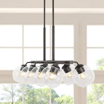 Jaxon 33.5" 8-Light Farmhouse Bohemian Iron/Glass Linear LED Pendant, Oil Rubbed Bronze/Clear by JONATHAN Y - 8 Light