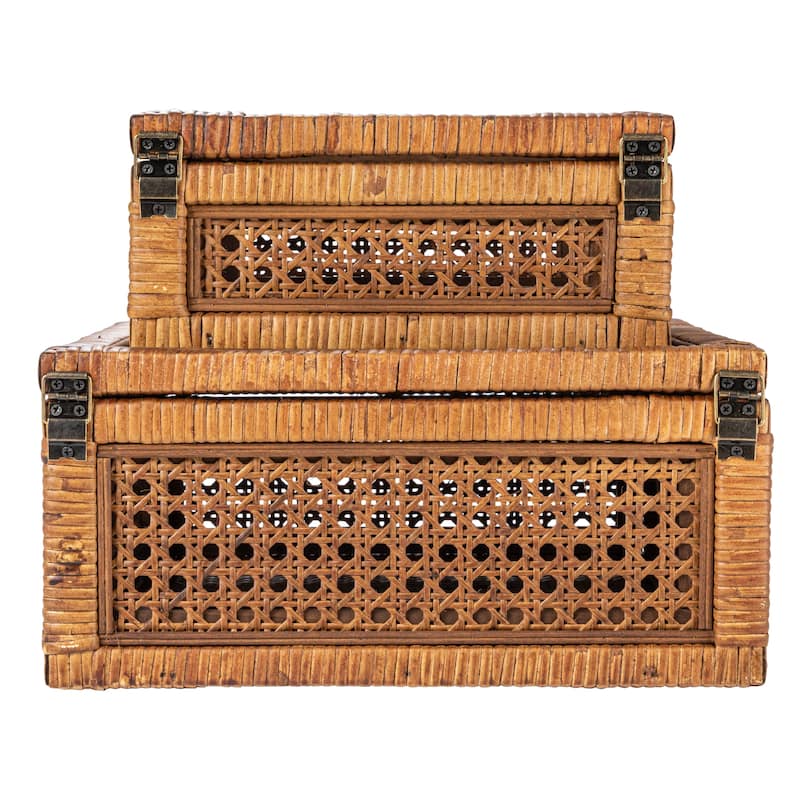 Woven Wood and Rattan Display Boxes with Glass Lids