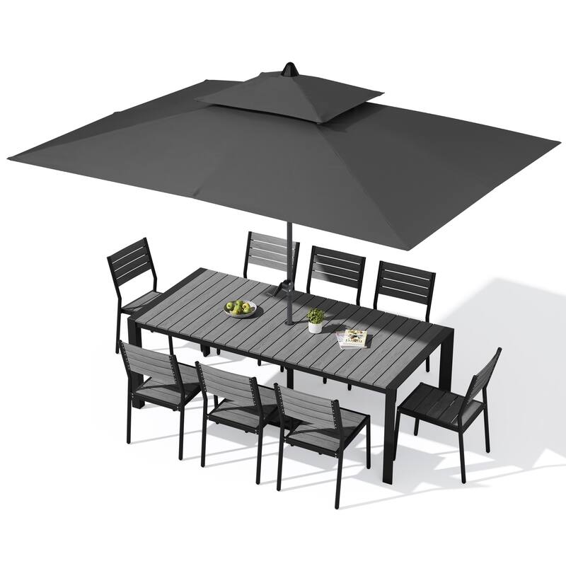 9/11-Piece Outdoor Dining Set w/10 ft Umbrella and Base Aluminum Dining Table and Stackable Chairs