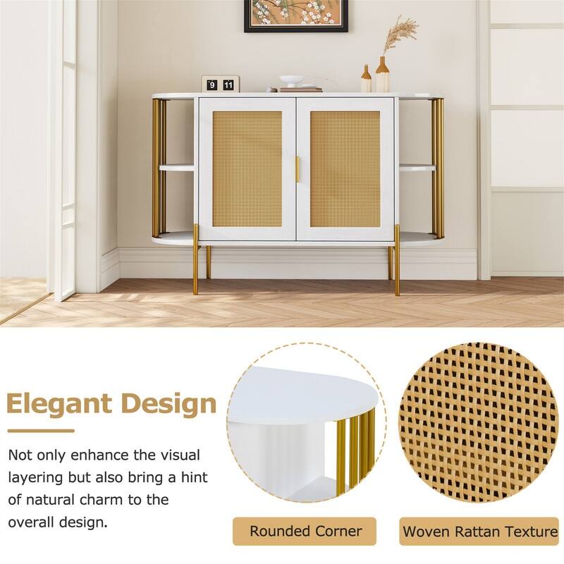 Elegant Curved Buffet Cabinet with 2 Woven Rattan Doors, Sideboard Accent Storage Cabinet with Storage Shelves & with Gold Trim