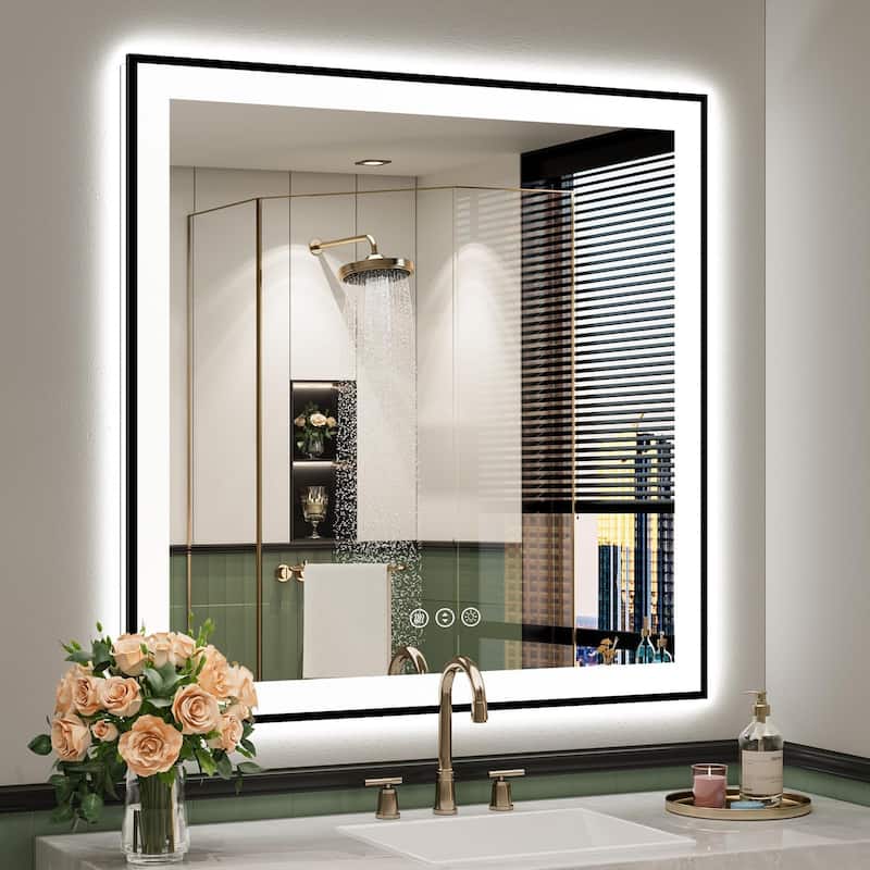 Full Size Back & Front LED Lighted Anti-Fog Tempered Glass Framed Wall Bathroom Vanity Mirror - 36" x 36"