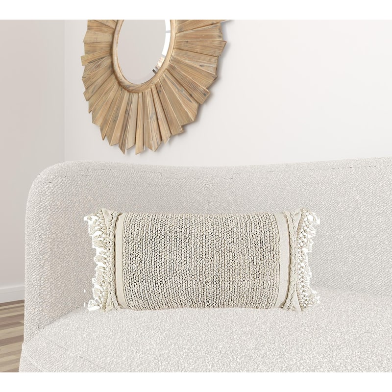 HomeRoots Ivory Braided Stripe Macrame Fringe Lumbar Pillow