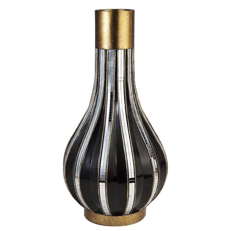16" Polyresin Gold and Black Striped Round Urn - 8.25