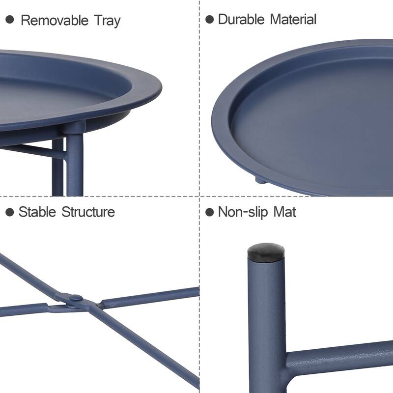VECELO 1/2-Pack Blue Modern Side Table/ End Table with Round Removable Tray X-Shape Frame for Living Room or Bedroom