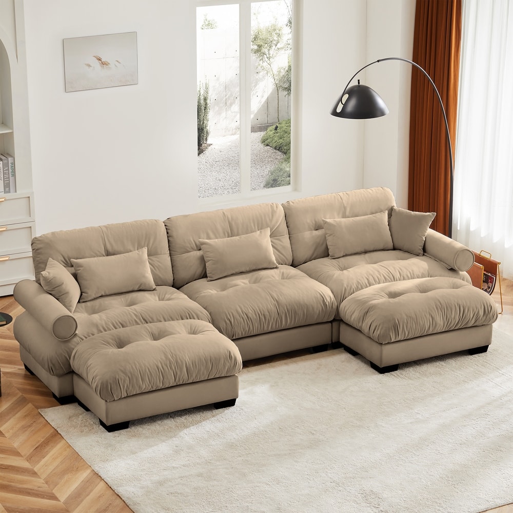 GDFStudio - Thalassia Velvet 3-Seater 130" Sofa and Dual Movable Ottomans With Pillows