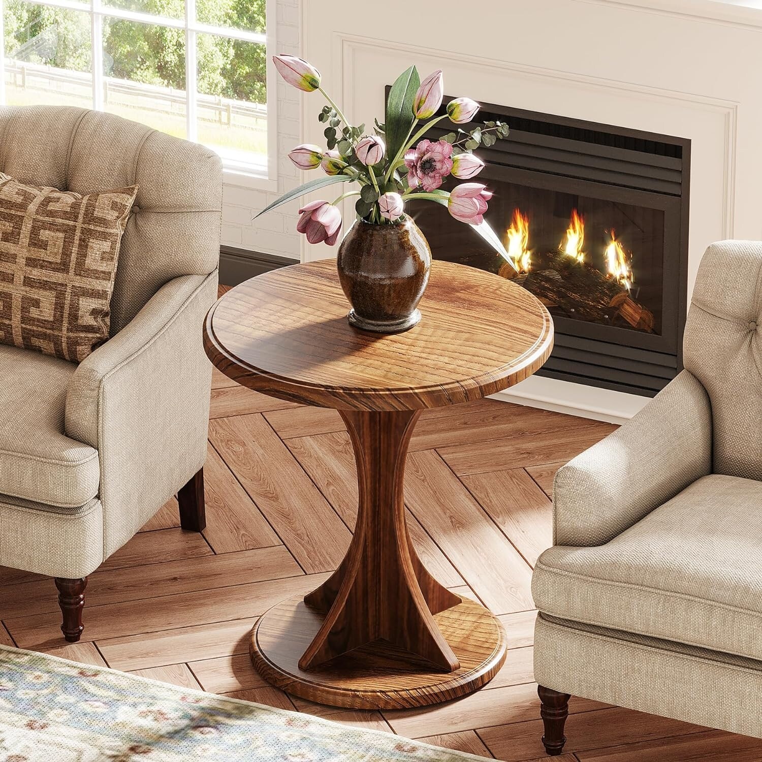 Wood Round End Table, Sofa Side Table for Living Room, Bedside Nightstand for Bedroom