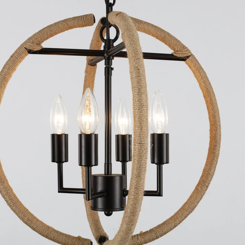 4-Light Beige Brown Hemp Rope Globe Chandelier - Beige Brown