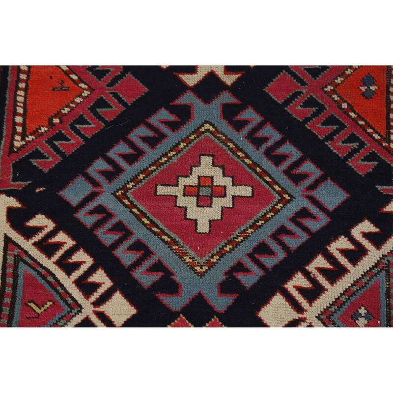 Hand Knotted Oriental 100% Wool Carpet Traditional Geometric Multi-Colored Kazak Runner Rug - 7' 6'' X 3' 4''