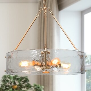 Modern Glam 4-Light Gold Drum Chandelier Glass Pendant Lights for Dining Room - D 19.5" x H 19"