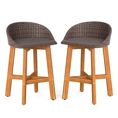 Acacia Wood and Rattan Patio Bar Stools Set of 2 with Backrest and Armrests - 21" x 19" x 32.5" (L x W x H)