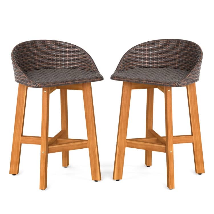 Acacia Wood and Rattan Patio Bar Stools Set of 2 with Backrest and Armrests - 21" x 19" x 32.5" (L x W x H)
