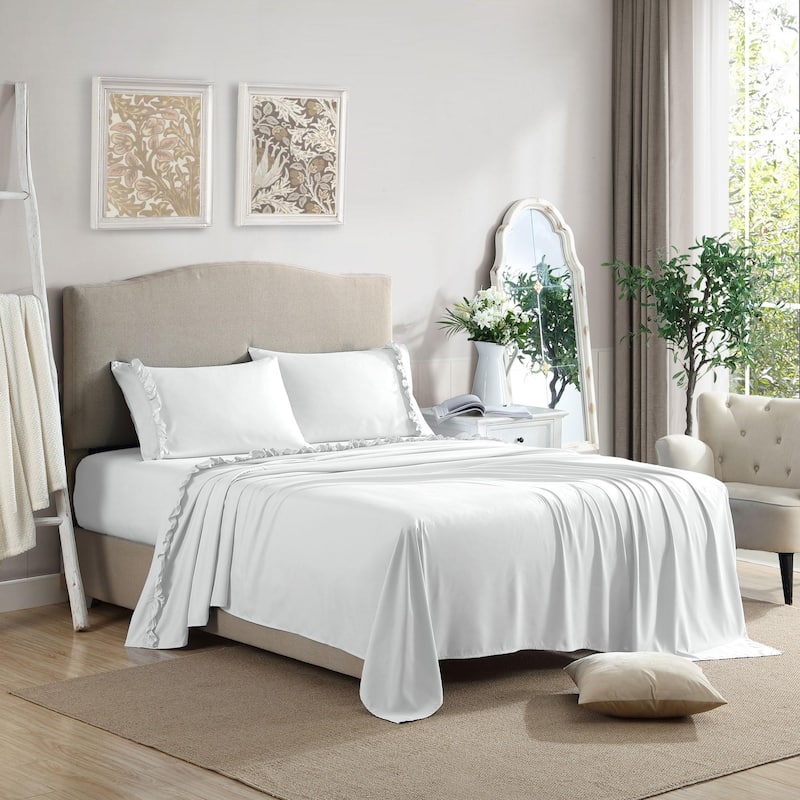 Home Essential Luxurious Silky Ruffle Hem Microfiber Bedding Sheet Set