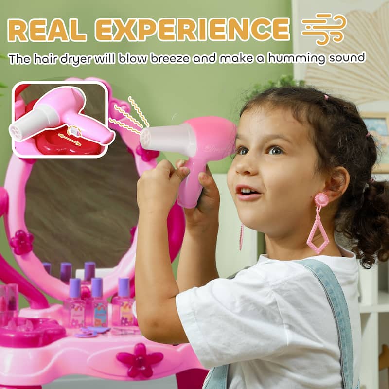 Kids Vanity Table Set with Light and Sound Mirror Stool Accessories for Girls Ages 3-6 Pink Polypropylene ABS Acrylic