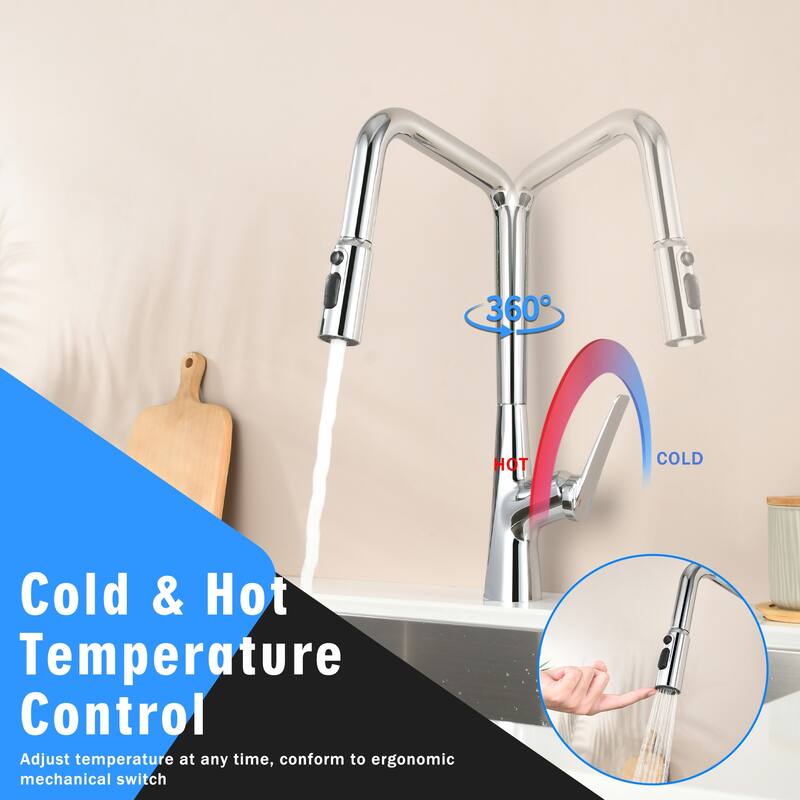 Professional Kitchen Faucet - 3 Function 360 Sprayer, One Touch Switching & Fast Connect​