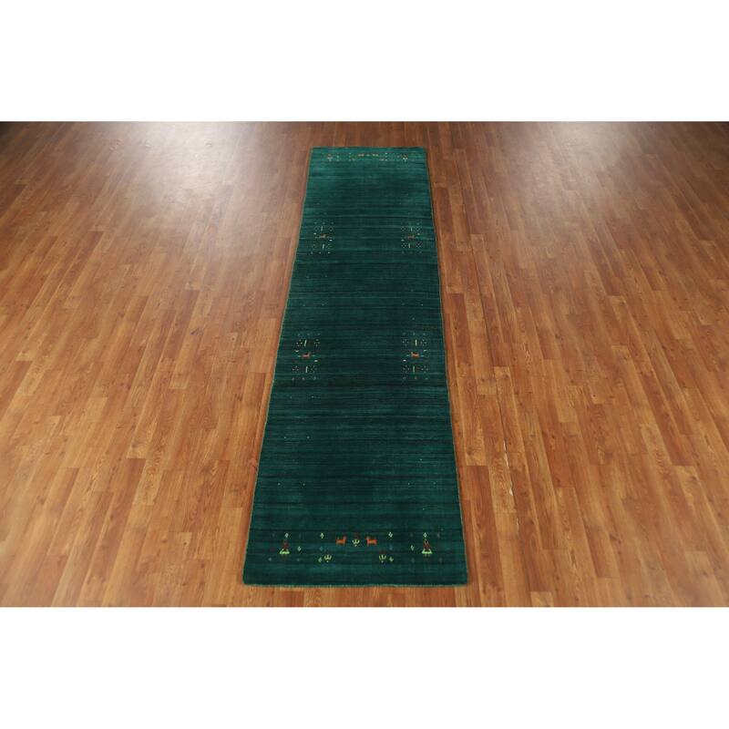 Tribal Green Gabbeh Indian Runner Rug Handmade Wool Carpet - 2'6" x 9'9"