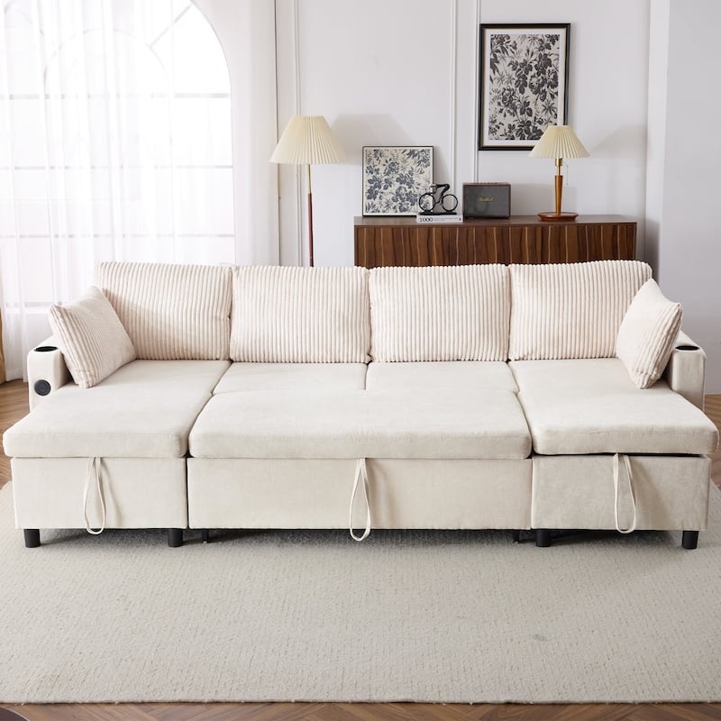 Chenille Sectional Sofa Convertible Sleeper Sofa, U Shaped Couch Sofa with 2 Storage Chaise Lounges and 2 Pillows