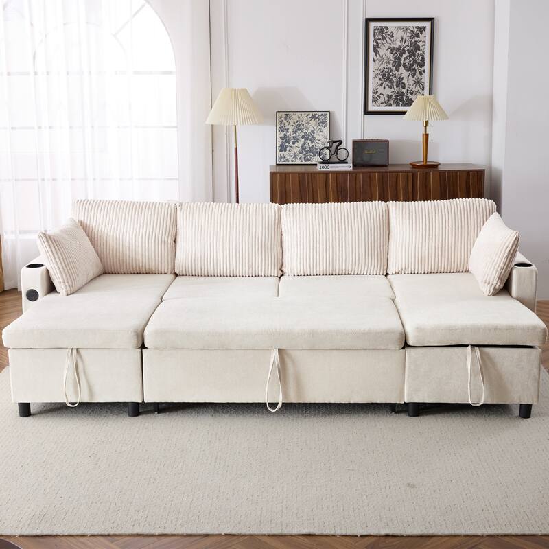 Sectional Sofa Pull-out Sofa Bed with Large Storage Space, 2 USB Ports and 2 Cup Holders Chenille Tufted Couch