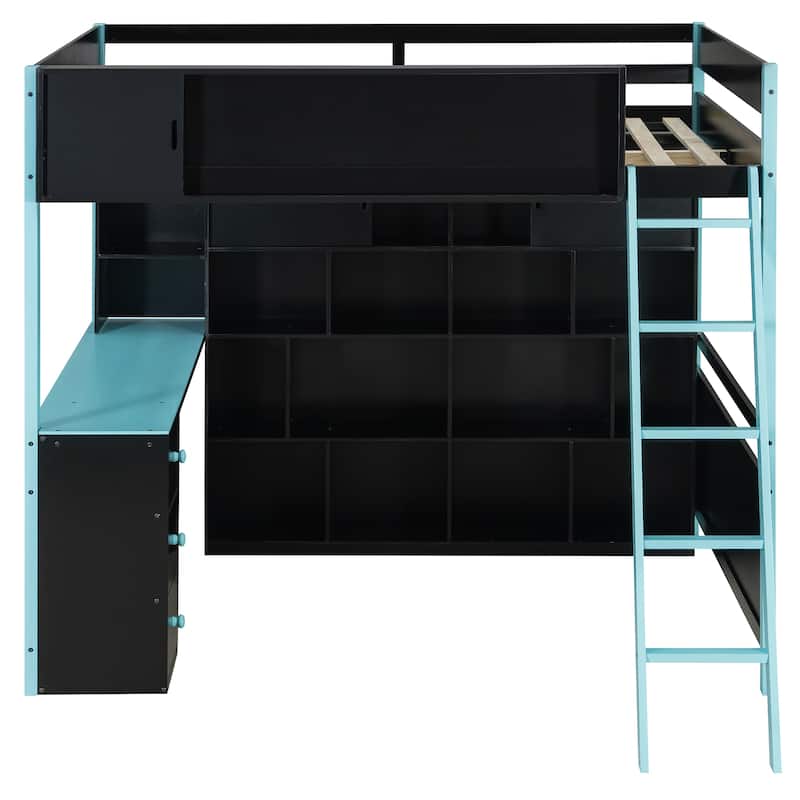 Full Size Gaming Loft Bed with Desk Full Wall Storage Shelf and 3 Drawers Storage Guardrail with Adjustable Door for Gaming Room