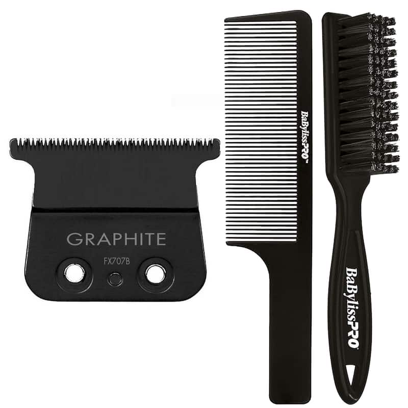 BaByliss Pro FX707B Graphite Fine Tooth Replacement T Blade Fits All FX787 + Fade Brush + 9" Comb - Black