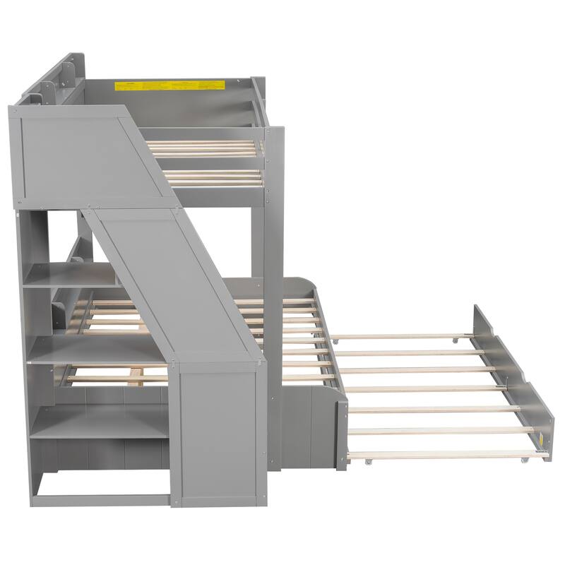 Twin Over Full Size Bunk Bed with Built-in 3-in-1 Storage Shelves and Charging Station, Pull-out Trundle, Storage Staircase