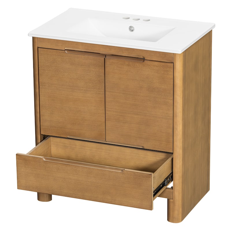 30" Modern Solid Wood Frame Bathroom Vanity Set with Ceramic Sink, Natural Wood Grain Cabinet & Soft-Close Doors