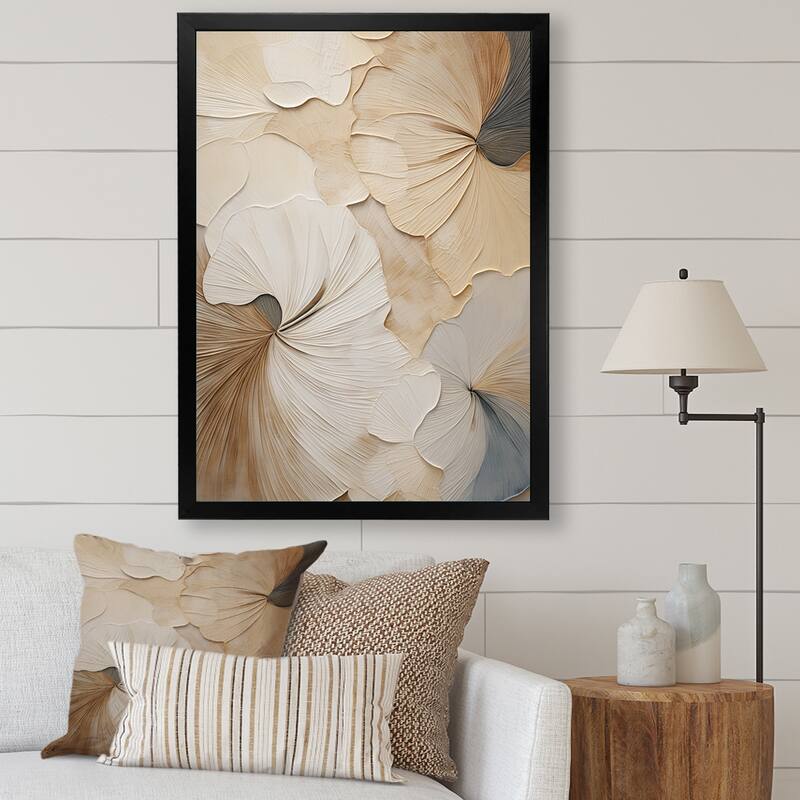 Designart "Beige Minimalism Elegance In Bloom " Flowers Framed Canvas Prints - 24 in. wide x 32 in. high - Black