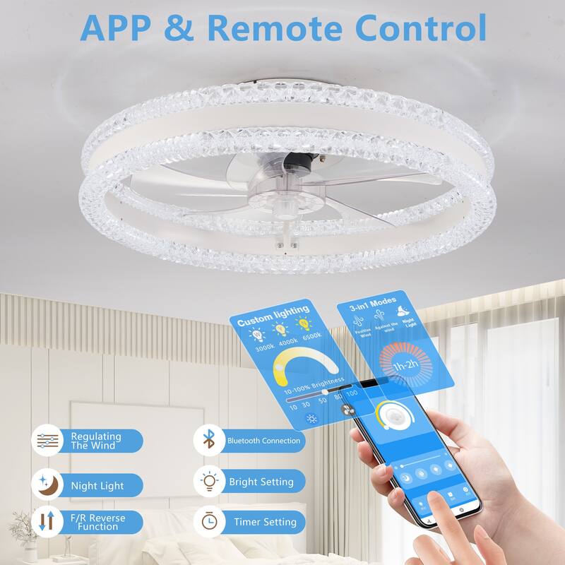 20" Luxury Double Ring LED Ceiling Fan with Light - Modern Flush Mount Design, Hidden Blades, Dimmable Lighting