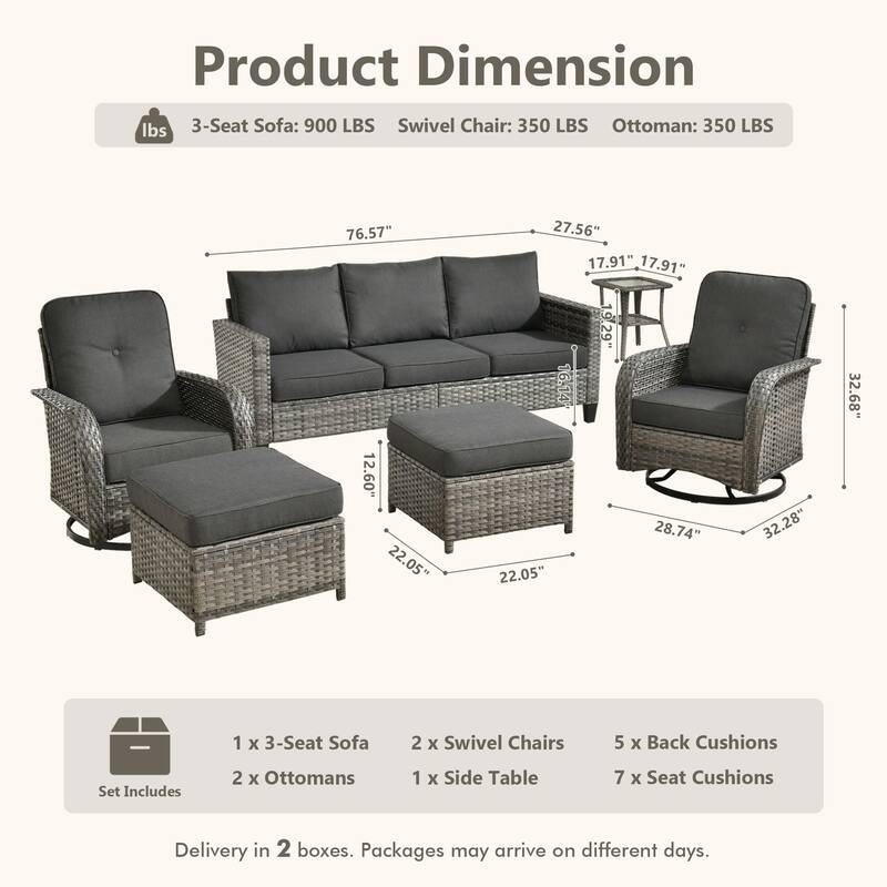 HOOOWOOO 6-piece Grey Wicker Outdoor Swivel Rocking Chair Set for Patio