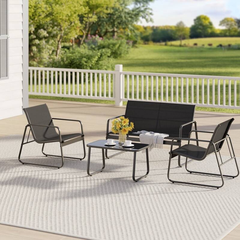 Outdoor 4 Piece Patio Conversation Set, Bistro Table and Chair Set with Chaise Lounge and 2 Single Chairs - Black